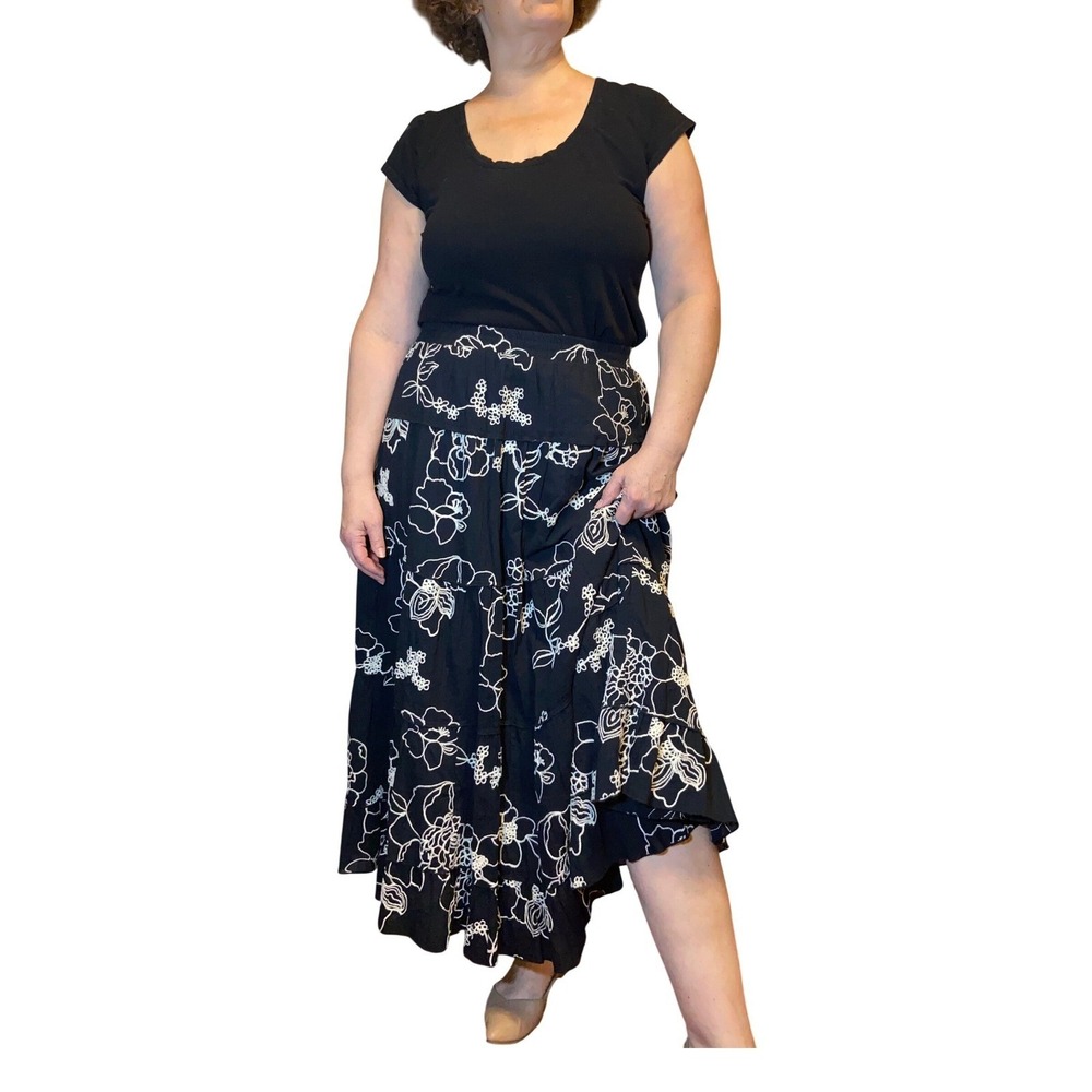 Coldwater Creek Black Floral Tiered Midi Skirt Boho 100% Cotton